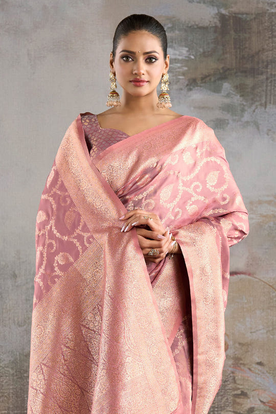 Dusty Pink Silk Banarasi Woven Saree