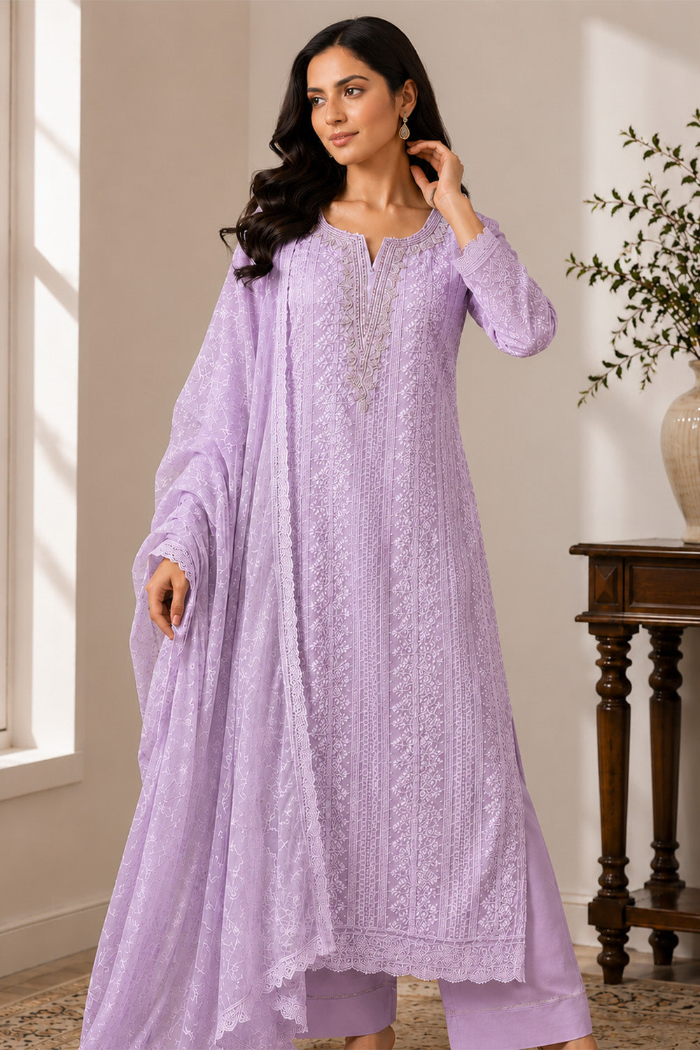 Lavender Georgette Chikankari Work Unstiched Suit