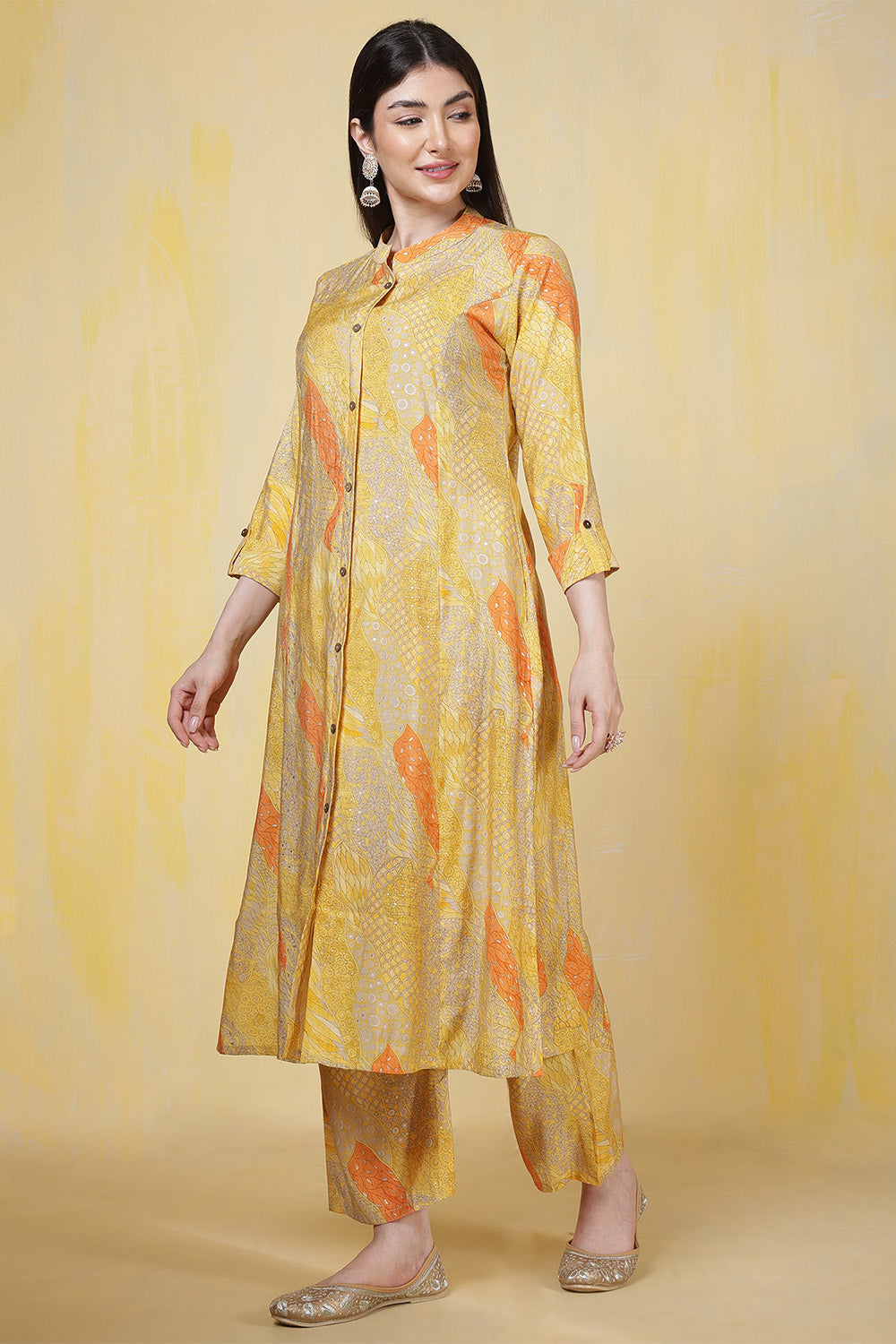 Yellow Cotton Printed Long Kurta Set