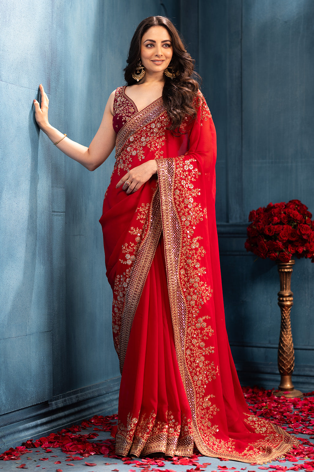 Rubi Red Pure Georgette Sequins Floral Embroidered Saree
