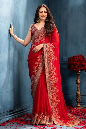 Rubi Red Pure Georgette Sequins Floral Embroidered Saree
