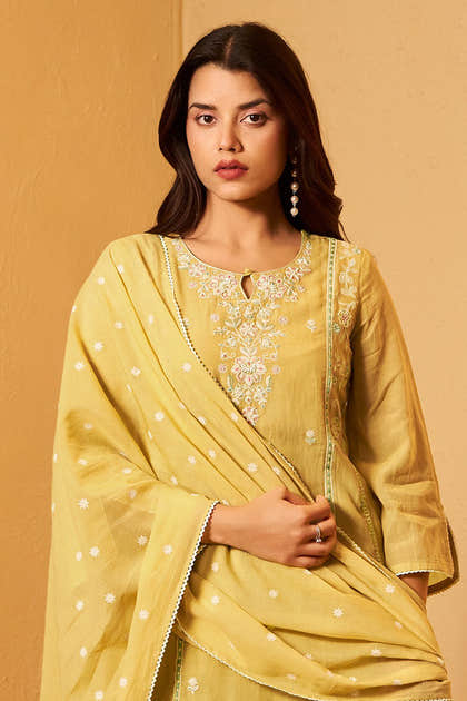 Lemon Yellow Chanderi Cotton Resham Embroidered Straight Suit Set