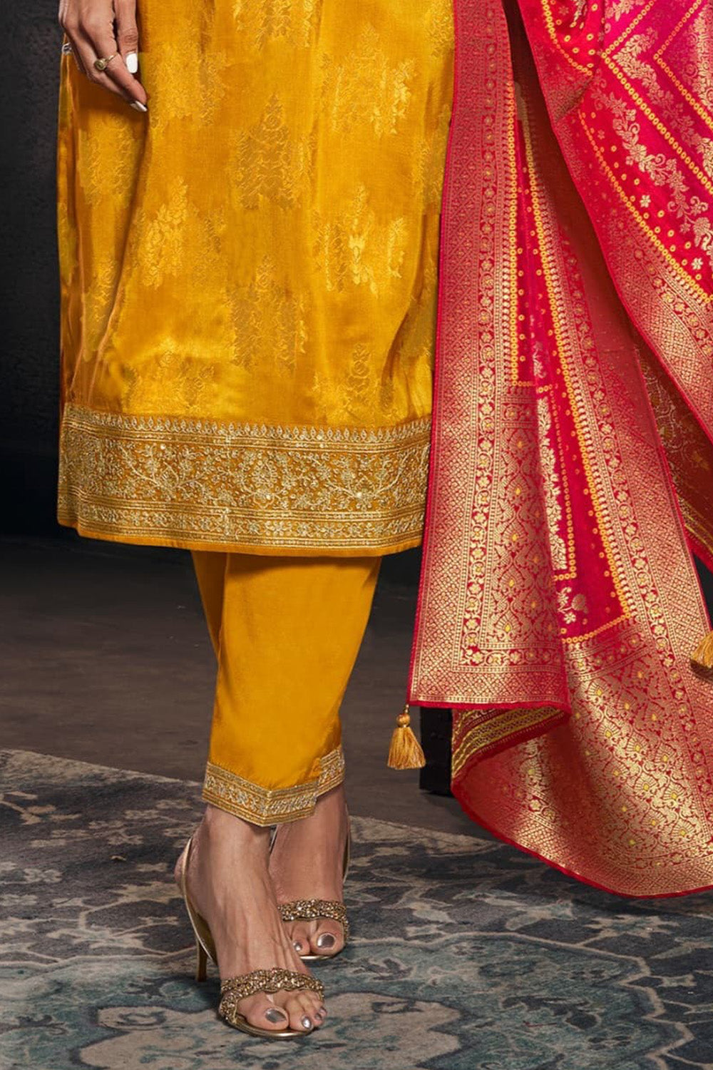 Mustard Silk Embroidered & Woven Suit Set