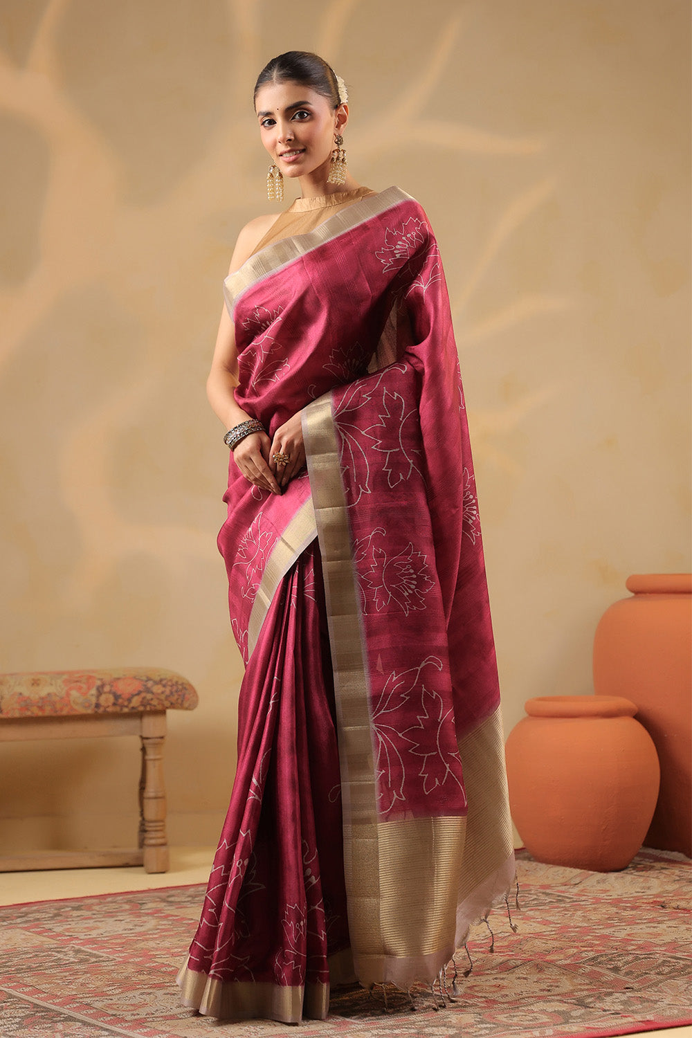 Deep Carmine Floral Printed and Zari Woven Tussar Silk Saree
