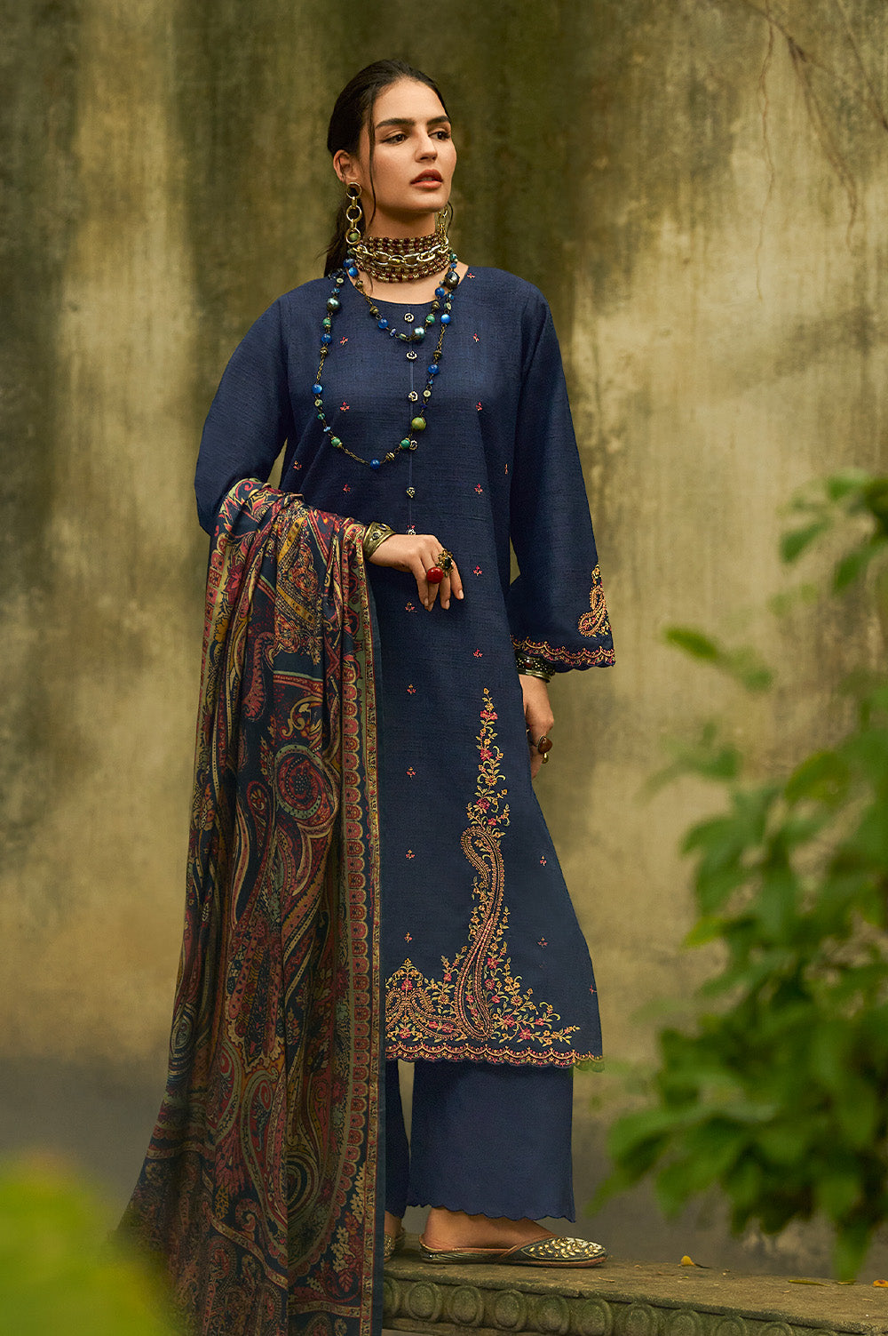Navy Tussar Silk Resham Floral Embroidered Unstitched Suit Material