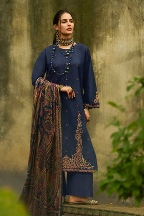 Navy Tussar Silk Resham Floral Embroidered Unstitched Suit Material