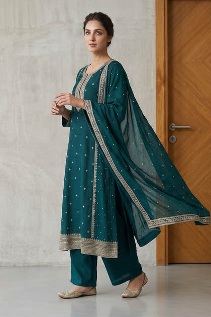 Teal Blue Crepe Silk Zari and Sequins Embroidered Anarkali Suit