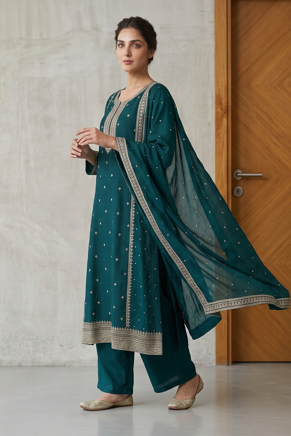 Teal Blue Crepe Silk Zari and Sequins Embroidered Anarkali Suit