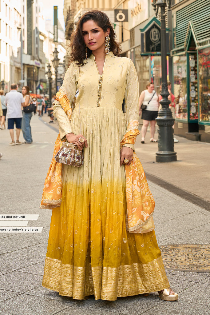 Cream & Mustard Ombre Embroidered Anarkali Suit