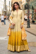 Cream & Mustard Ombre Embroidered Anarkali Suit