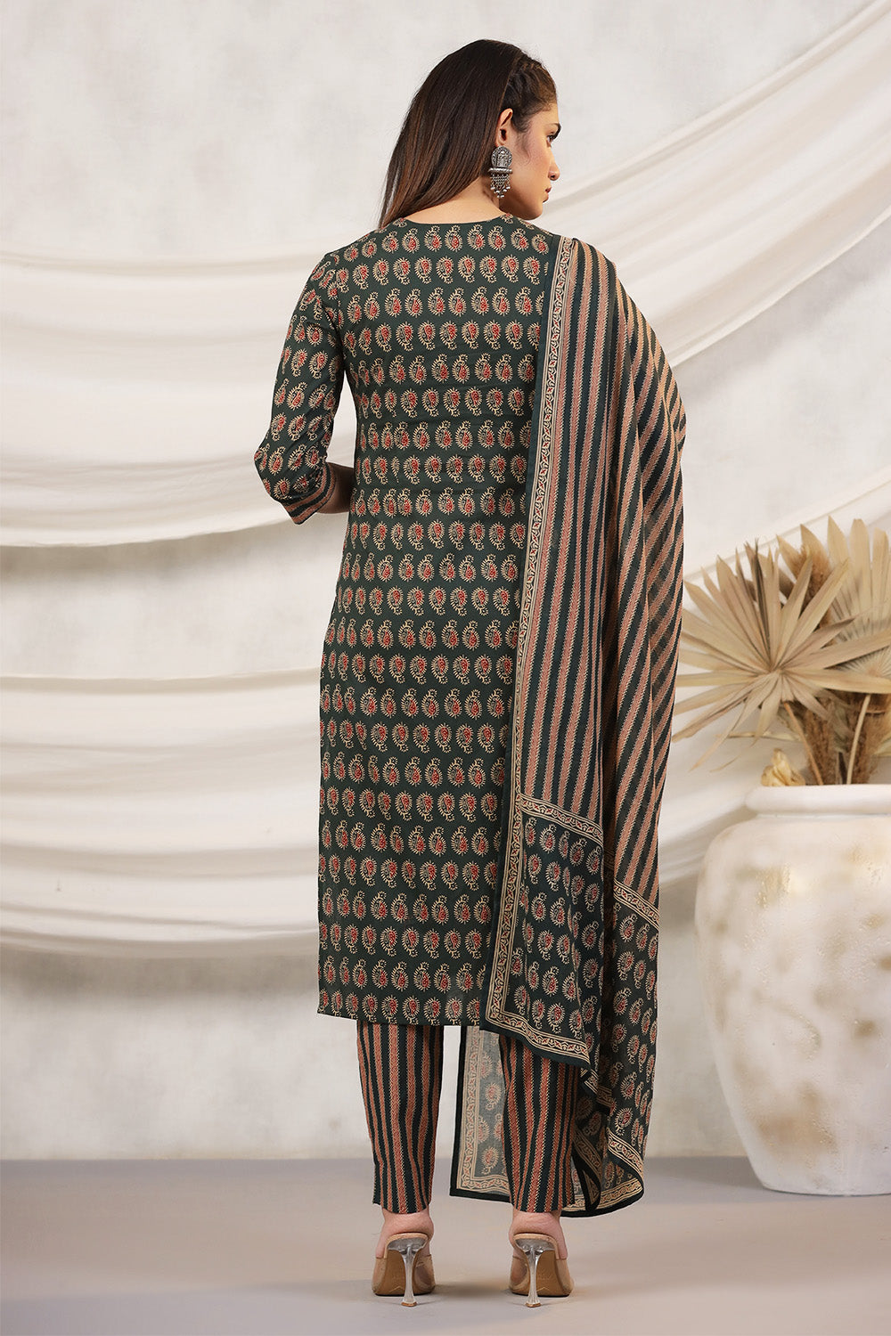 Bottle Green Color Block Printed Straight Suit