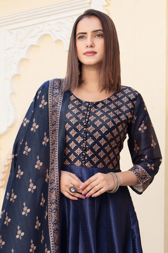 Navy Silk Printed Anarkali Suit