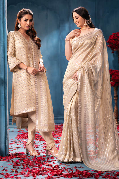 Cream Sequins and Resham Embroidered Metallic Tissue Saree