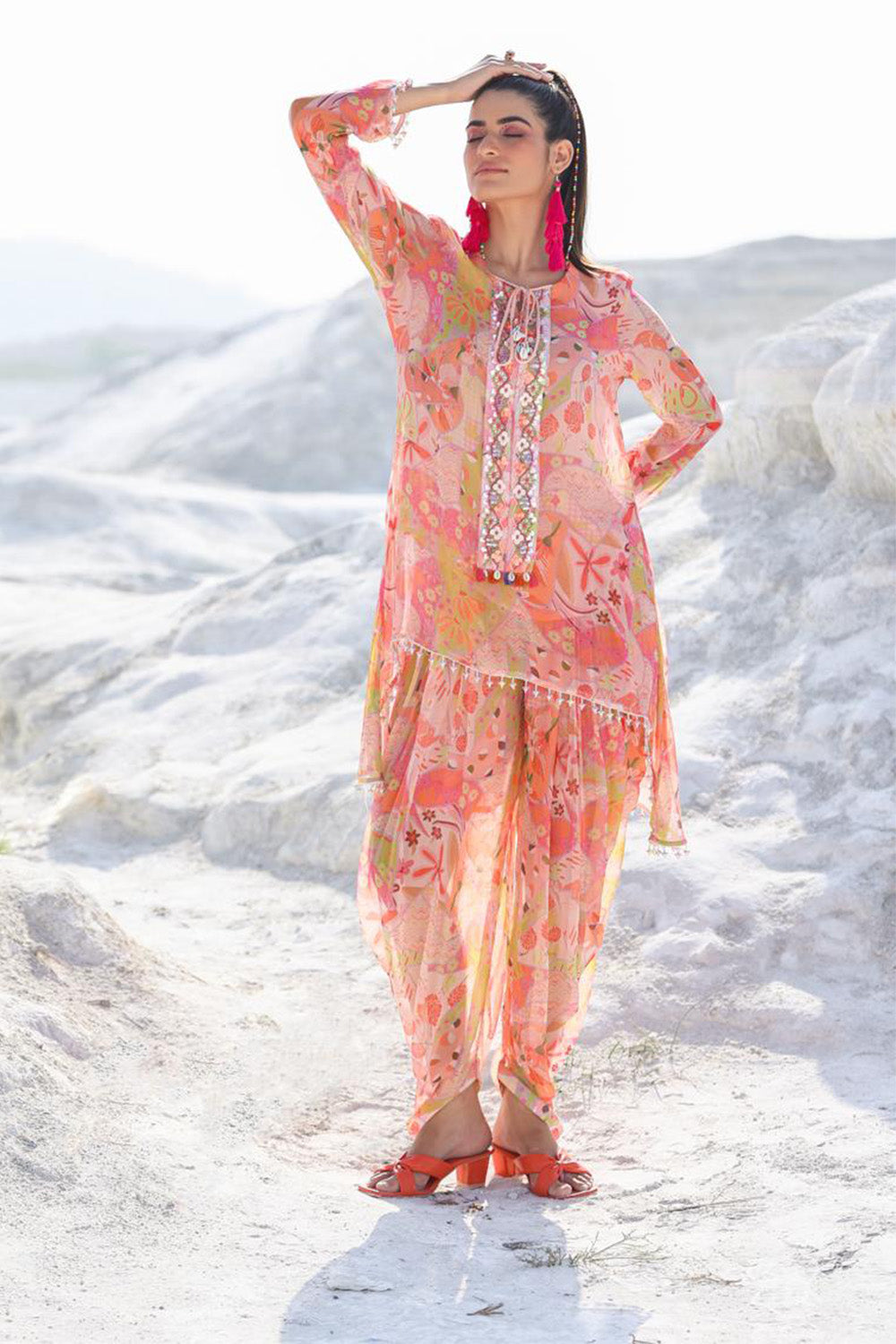 Peach Color Chiffon Printed Co-Ord Dress With Dhoti Style Pants