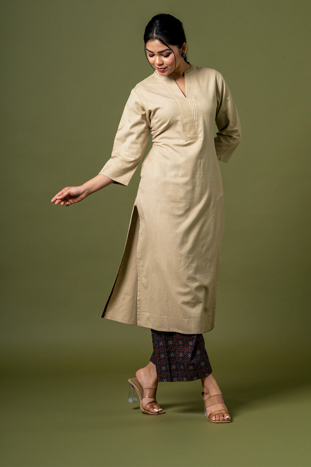Beige Color Solid Kurta with Palazzo Set