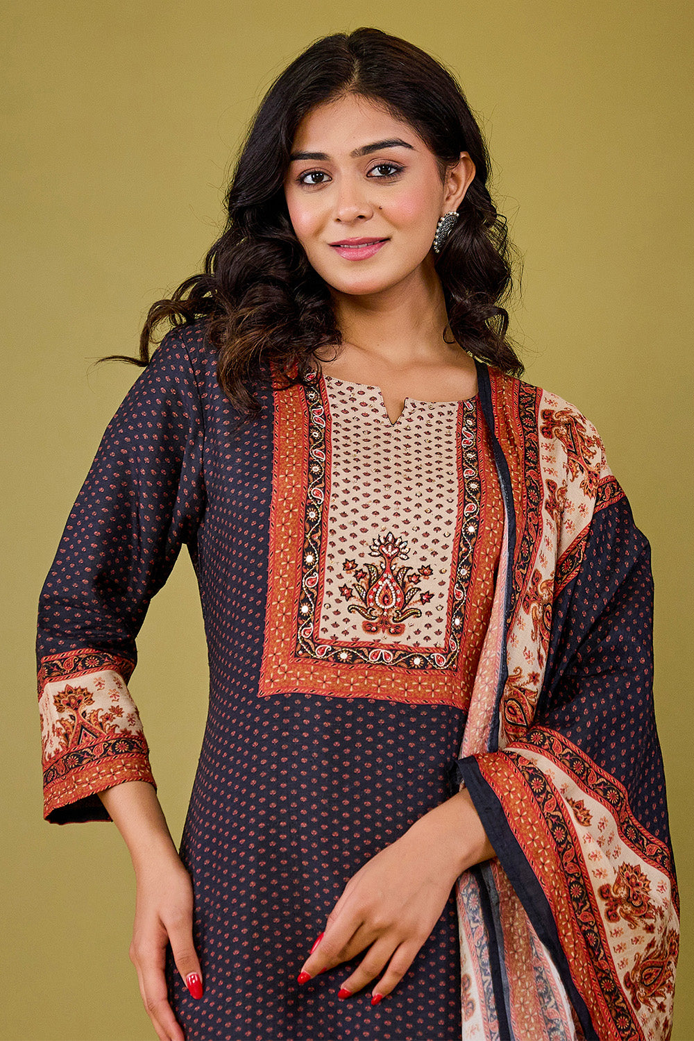 Black Crepe Silk Printed Straight Suit