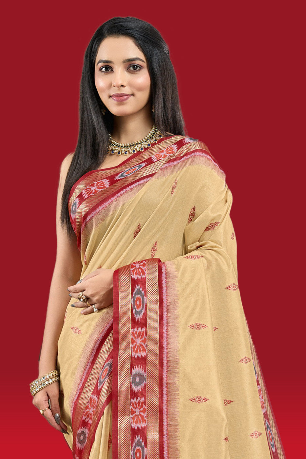 Beige Color Woven Maheshwari Cotton Saree