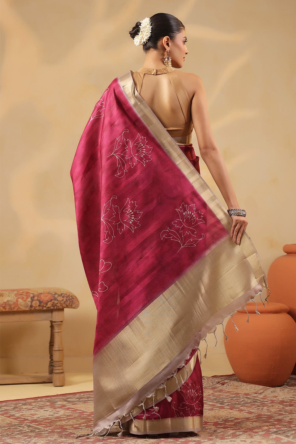 Deep Carmine Floral Printed and Zari Woven Tussar Silk Saree