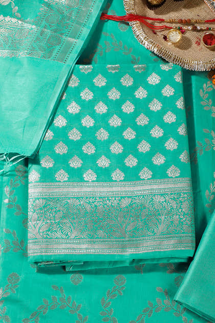 Sea Green Silk Zari Woven Unstitched Suit Fabric