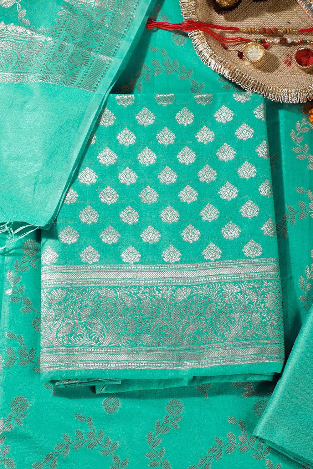 Sea Green Silk Zari Woven Unstitched Suit Fabric