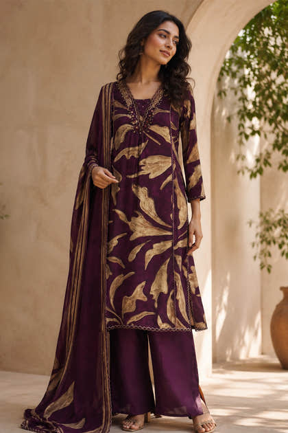 Wine Muslin Printed Straight Suit Set