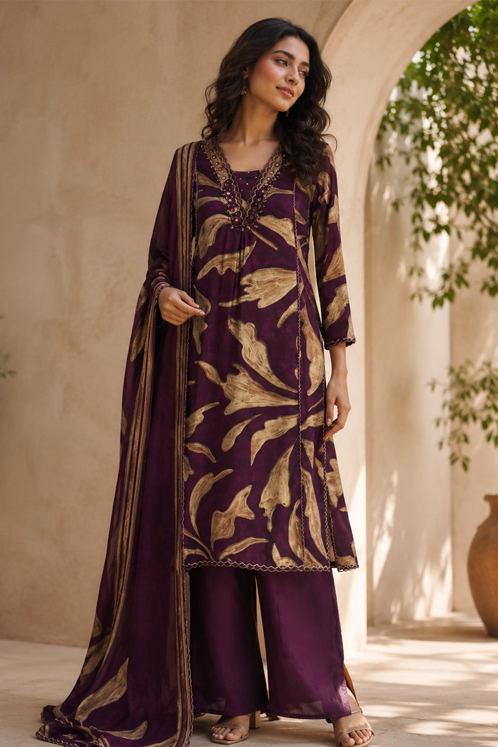 Wine Muslin Printed Straight Suit Set