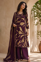 Wine Muslin Printed Straight Suit Set