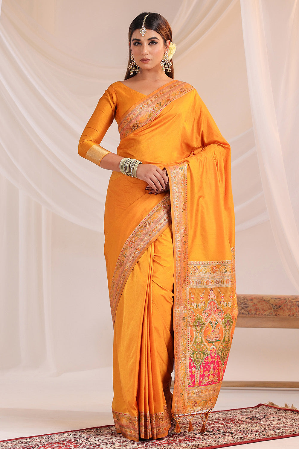 Mustard Soft Silk Kalamkari Woven Saree