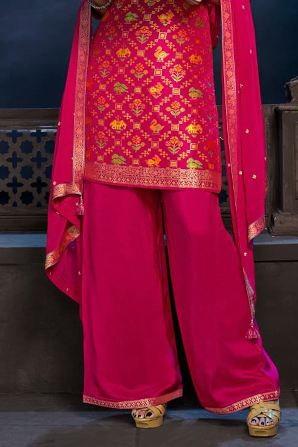 Fuchsia Pink Color Silk Embroidered Suit with Plazzo