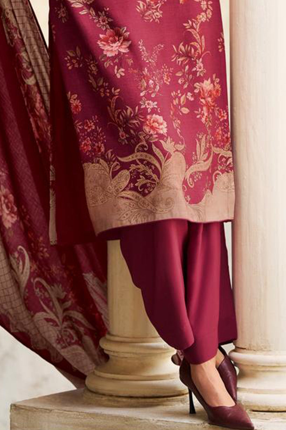 Maroon Spun Floral Printed Unstitched Suit Fabric
