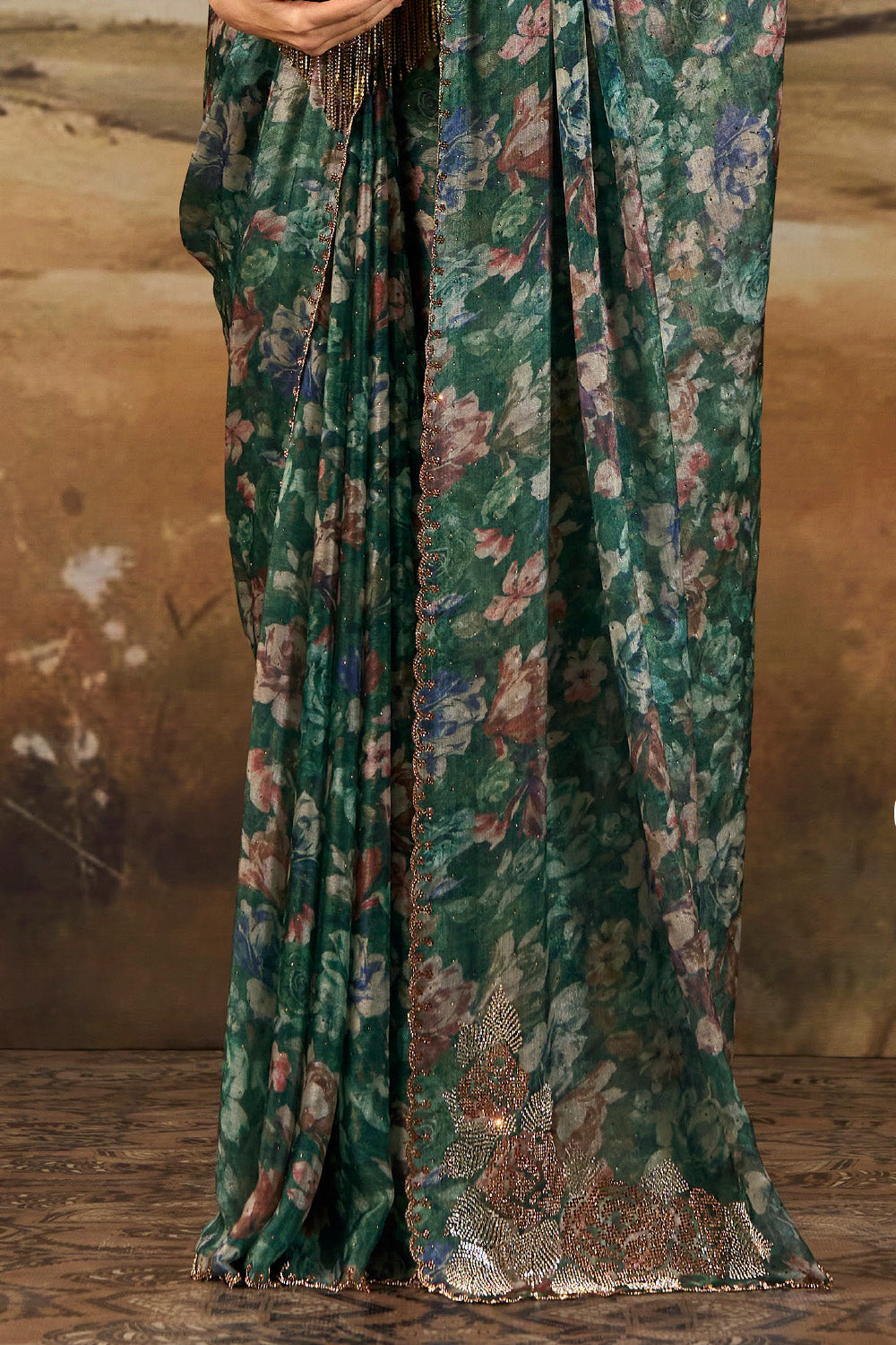 Green Shimmer Floral Printed Saree with Swarovski Work on Border