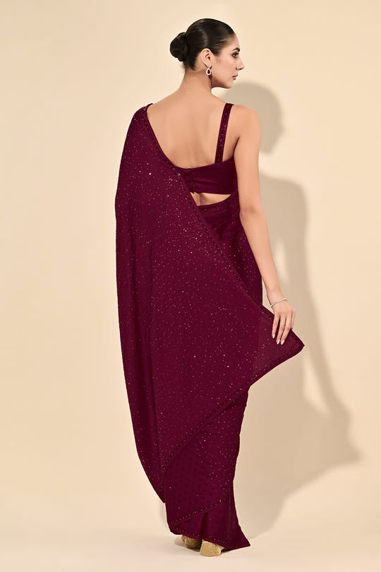 Dark Scarlet Color Satin Swarovski Work Saree