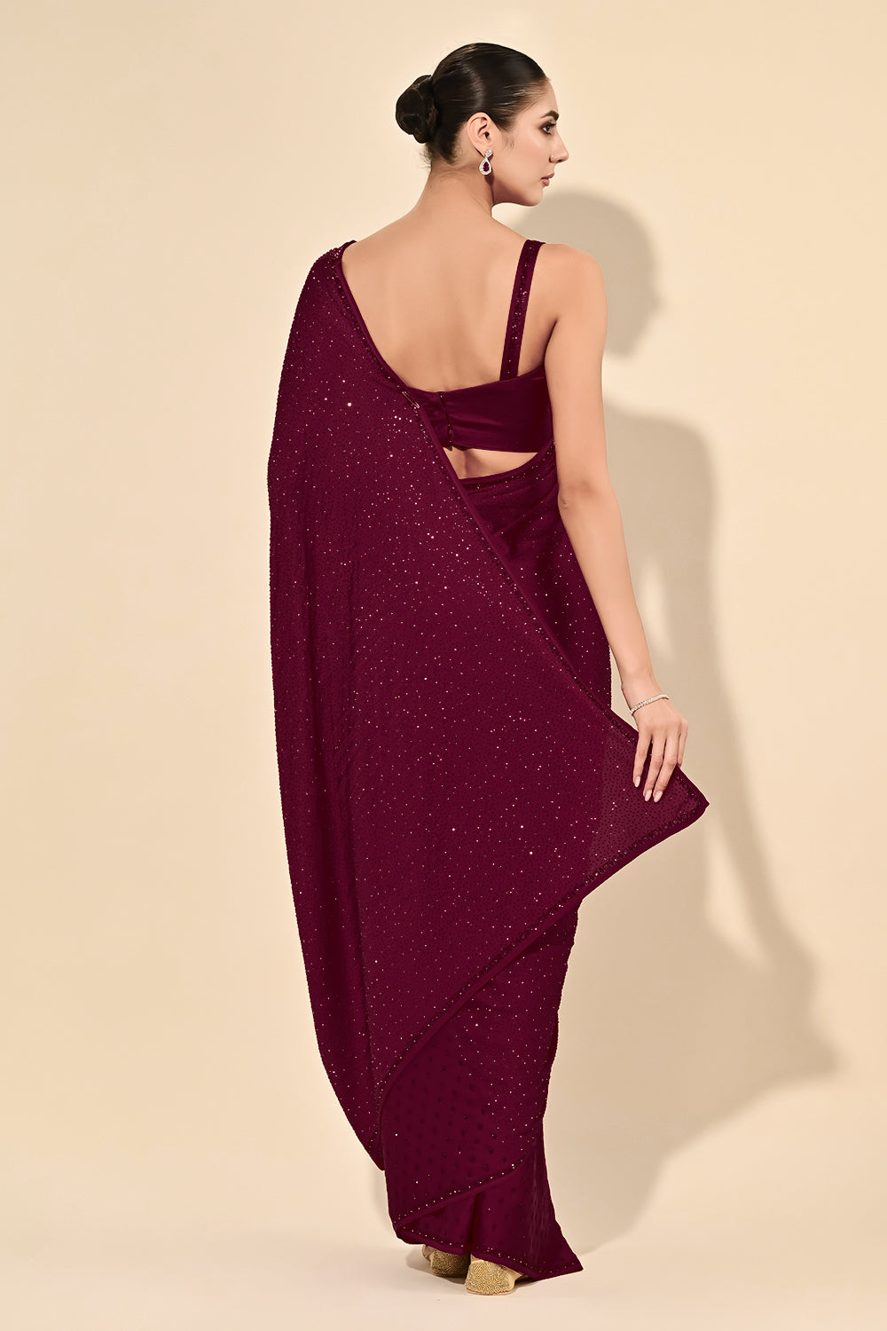 Dark Scarlet Color Satin Swarovski Work Saree