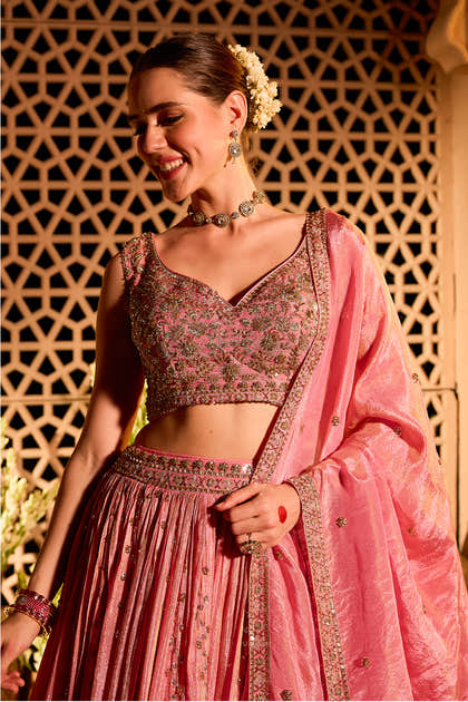 Pink Tissue Silk Embroidered Lehanga