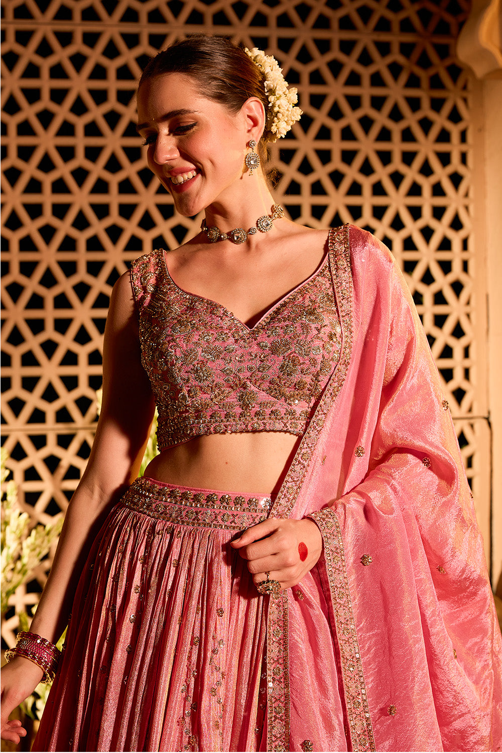 Pink Tissue Silk Embroidered Lehanga