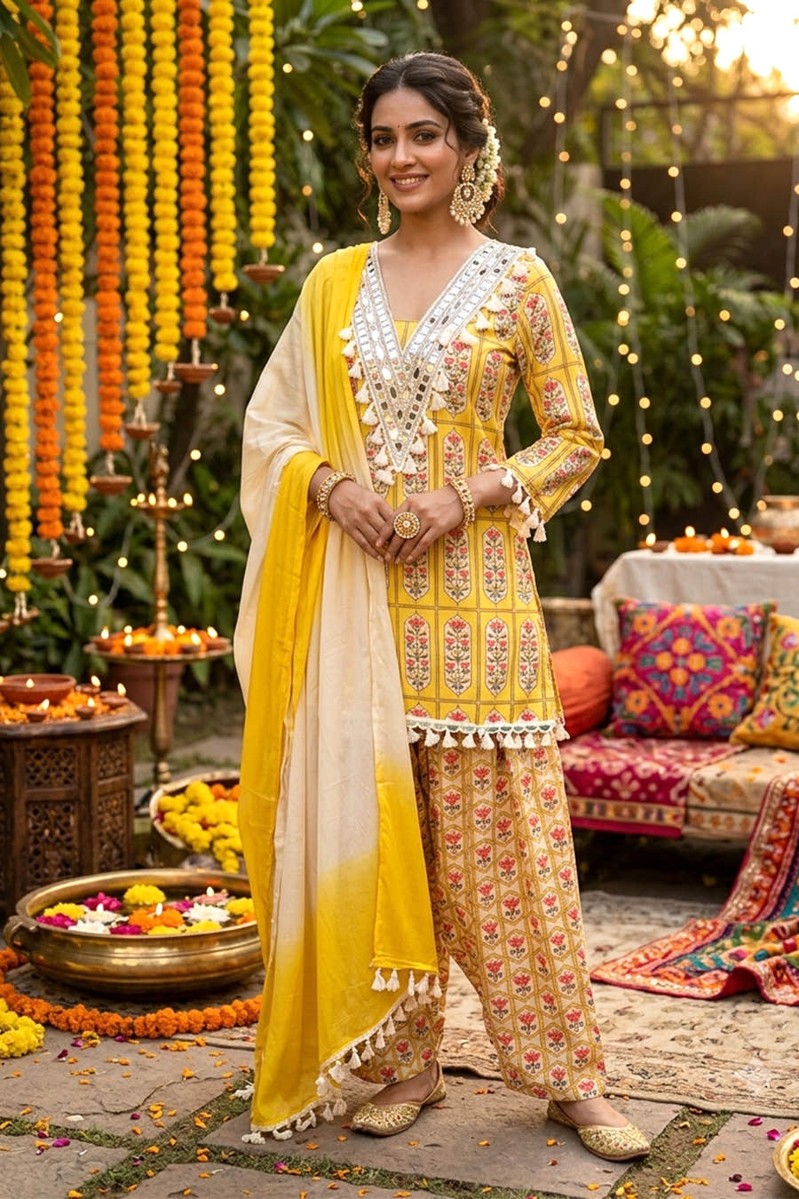 Yellow Cotton  Printed And Mirror Work Suit