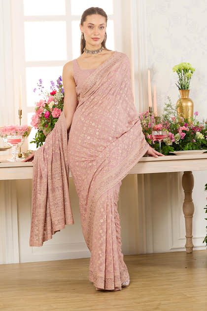 Dusty Pink Georgette Embroidered And Swaroski Work Saree