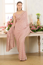 Dusty Pink Georgette Embroidered And Swaroski Work Saree