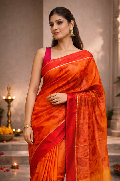 Orange Chanderi Cotton Printes Saree