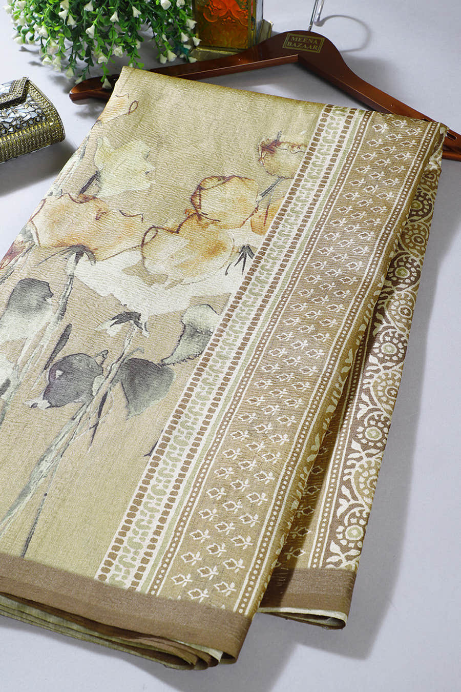 Light Brown Printed Tussar Silk Saree