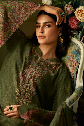 Olive Green Spun Printed Unstitched Suit Fabric