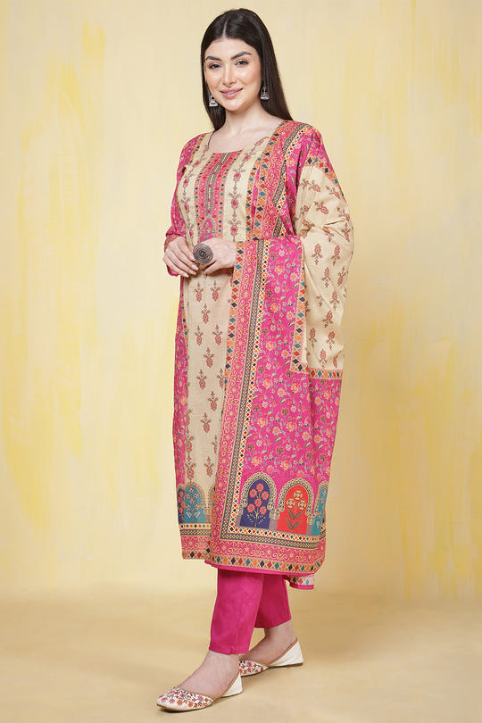 Magenta Pink & Beige Cotton Floral Printed Suit