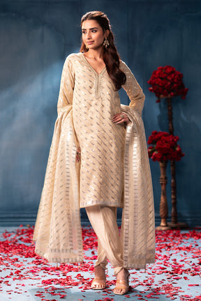 Cream Pure Matelic Tissue Sequins Embroidered Suit