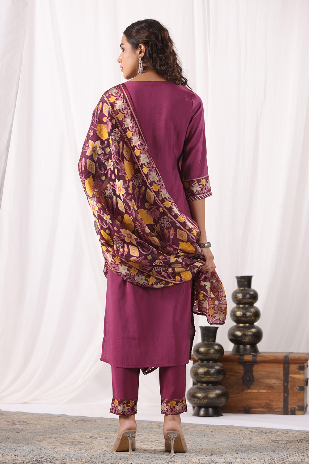 Dark Scarlet Color Muslin Suit With Brasso Dupatta