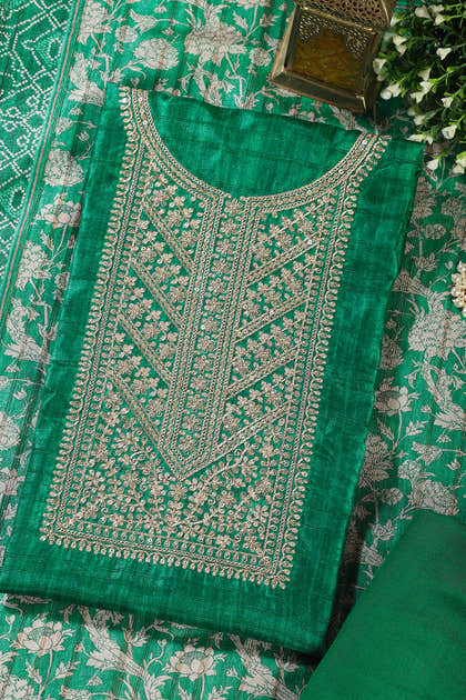 Green Tussar Silk Neck Zari Embroidered Unstitched Suit