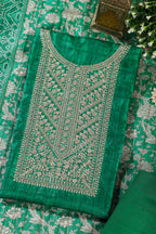 Green Tussar Silk Neck Zari Embroidered Unstitched Suit