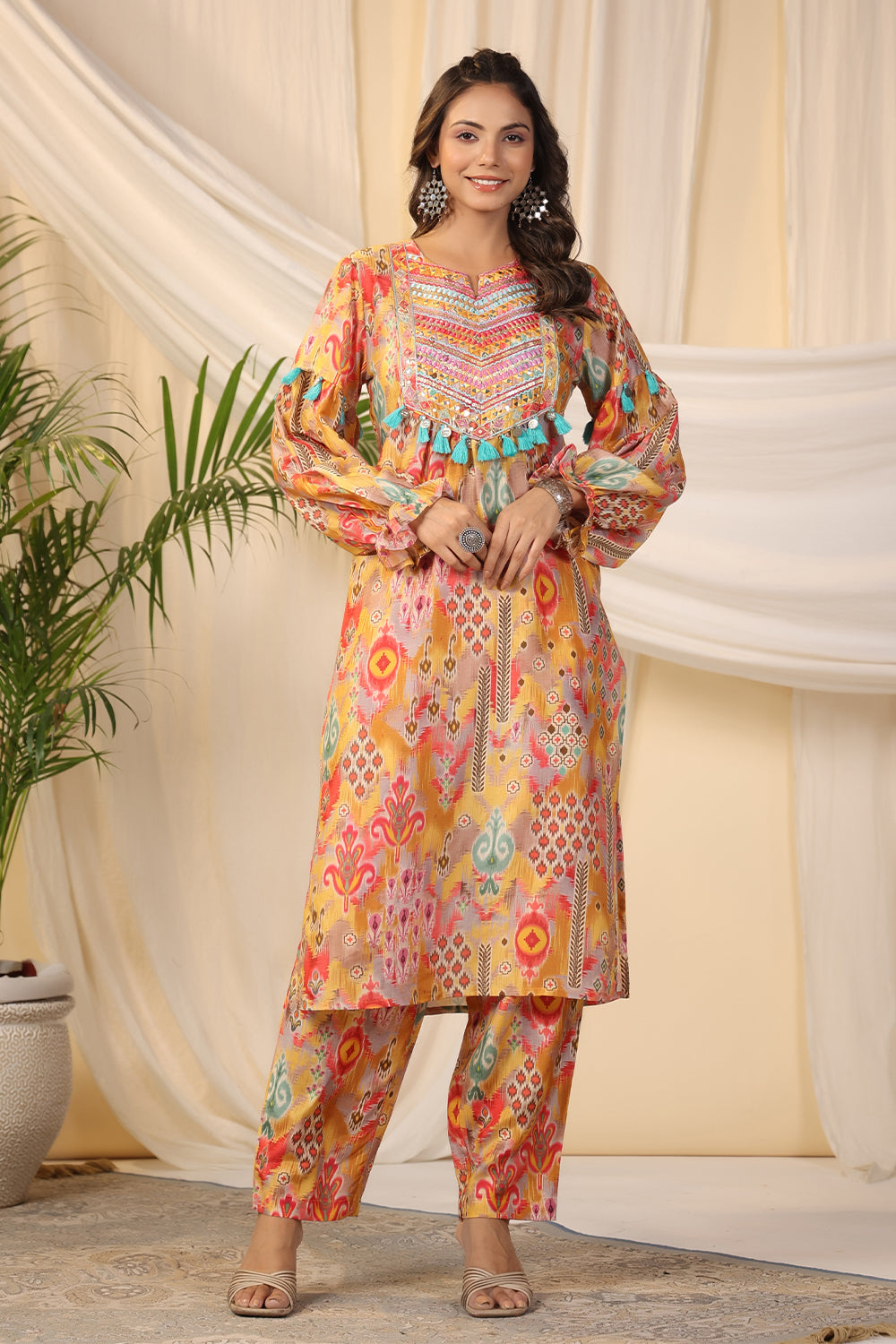 Mustard Color Printed Muslin Kurti & Pant Set