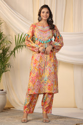 Mustard Color Printed Muslin Kurti & Pant Set