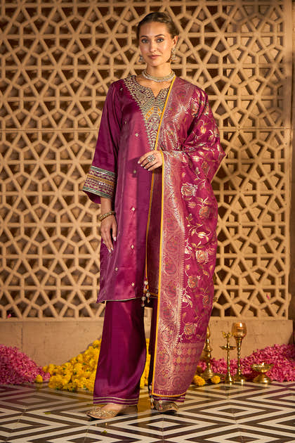Wine Silk Embroidered Unstitched Suit Material With Banarsi Dupatta