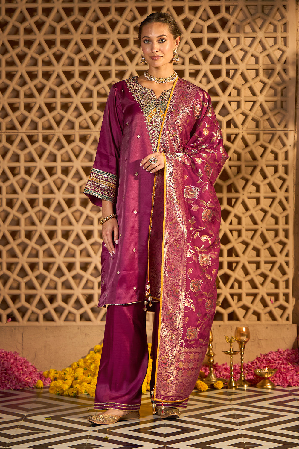 Wine Silk Embroidered Unstitched Suit Material With Banarsi Dupatta